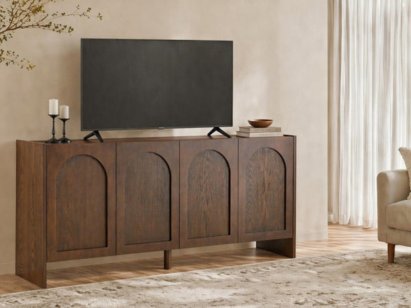 English Elm Mid-Century Modern Credenza with Arched Wood Door Panels and Push Open Storage Walnut W3137S00011