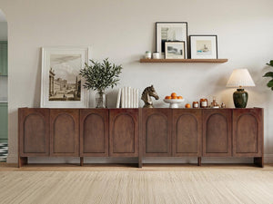 English Elm Mid-Century Modern Credenza with Arched Wood Door Panels and Push Open Storage Walnut W3137S00011