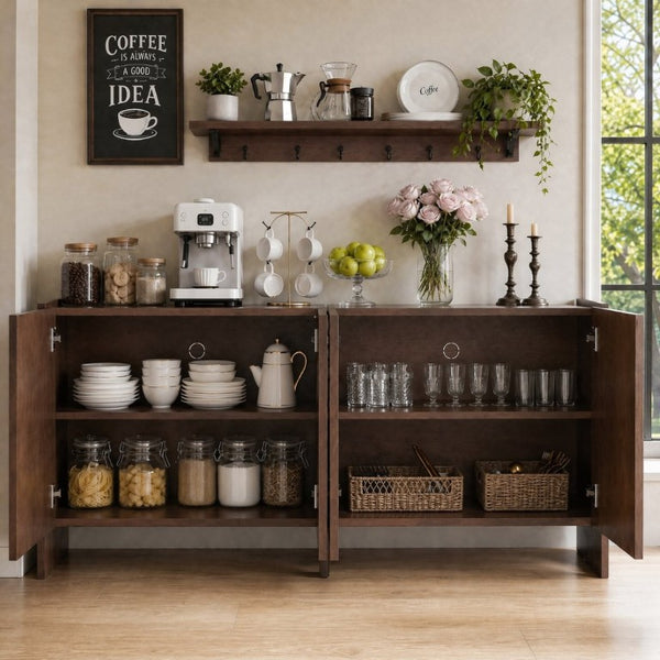 English Elm Mid-Century Modern Credenza with Arched Wood Door Panels and Push Open Storage Walnut W3137S00011