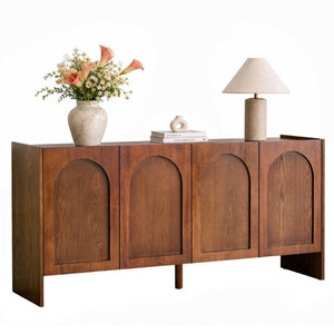 English Elm Mid-Century Modern Credenza with Arched Wood Door Panels and Push Open Storage Light Brown W3137S00022