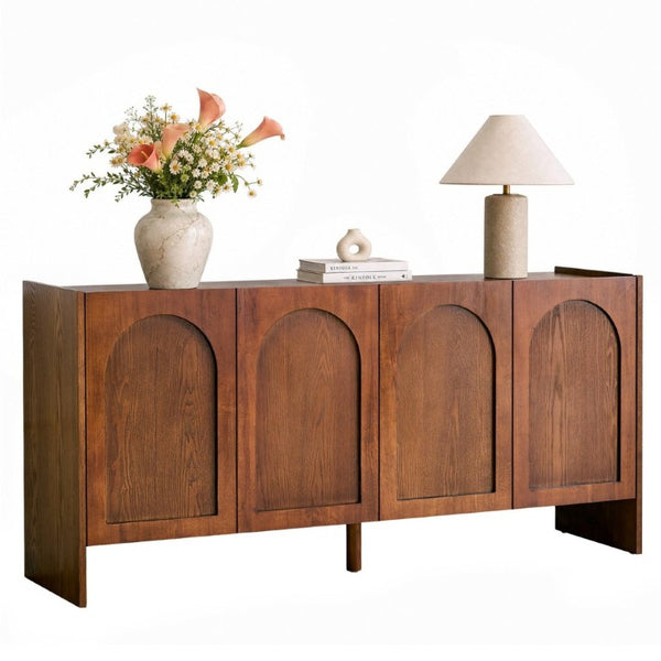 English Elm Mid-Century Modern Credenza with Arched Wood Door Panels and Push Open Storage Light Brown W3137S00022