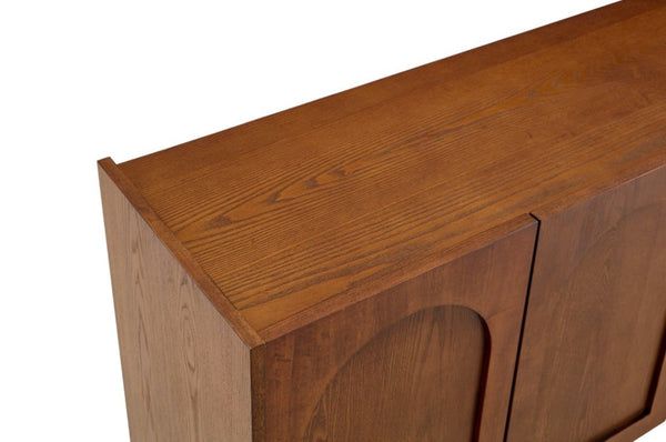 English Elm Mid-Century Modern Credenza with Arched Wood Door Panels and Push Open Storage Light Brown W3137S00022