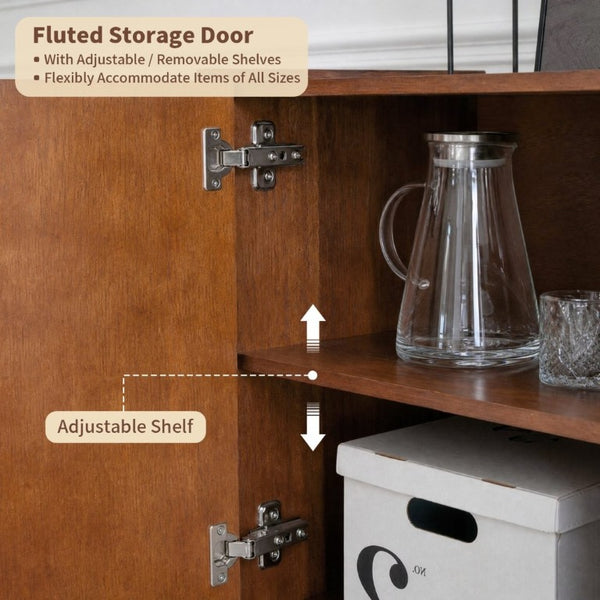 English Elm Mid-Century Modern Credenza with Arched Wood Door Panels and Push Open Storage Light Brown W3137S00022