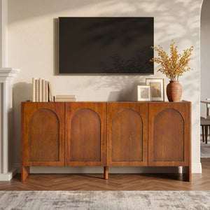 English Elm Mid-Century Modern Credenza with Arched Wood Door Panels and Push Open Storage Light Brown W3137S00022