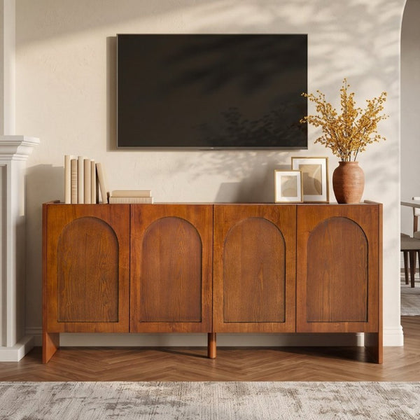 English Elm Mid-Century Modern Credenza with Arched Wood Door Panels and Push Open Storage Light Brown W3137S00022