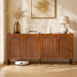 English Elm Mid-Century Modern Credenza with Arched Wood Door Panels and Push Open Storage Light Brown W3137S00022