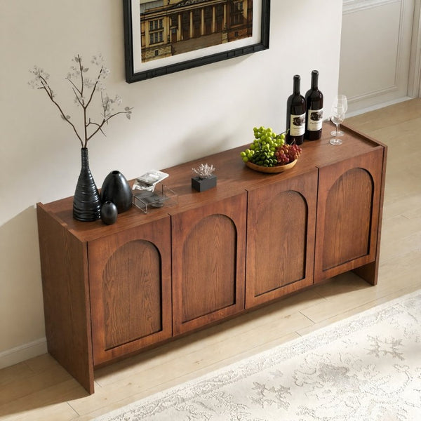 English Elm Mid-Century Modern Credenza with Arched Wood Door Panels and Push Open Storage Light Brown W3137S00022