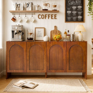 English Elm Mid-Century Modern Credenza with Arched Wood Door Panels and Push Open Storage Light Brown W3137S00022