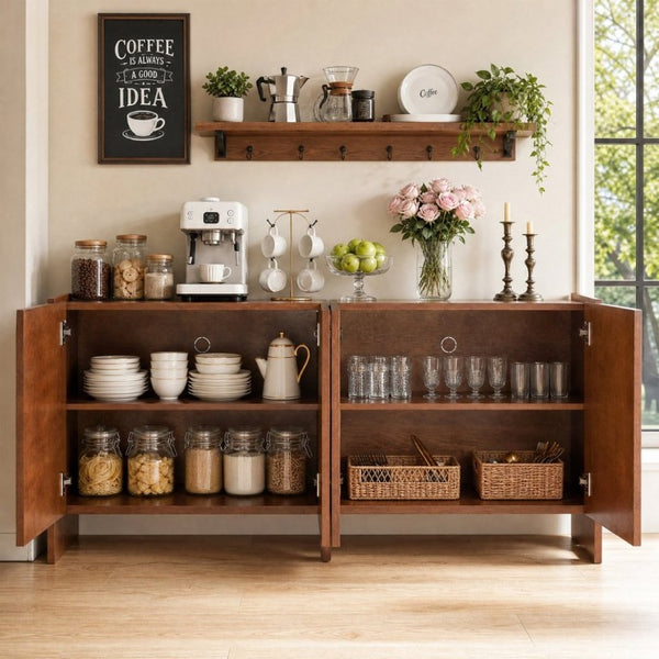 English Elm Mid-Century Modern Credenza with Arched Wood Door Panels and Push Open Storage Light Brown W3137S00022