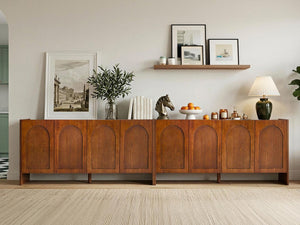 English Elm Mid-Century Modern Credenza with Arched Wood Door Panels and Push Open Storage Light Brown W3137S00022
