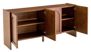 English Elm Mid-Century Modern Credenza with Arched Wood Door Panels and Push Open Storage Light Brown W3137S00022