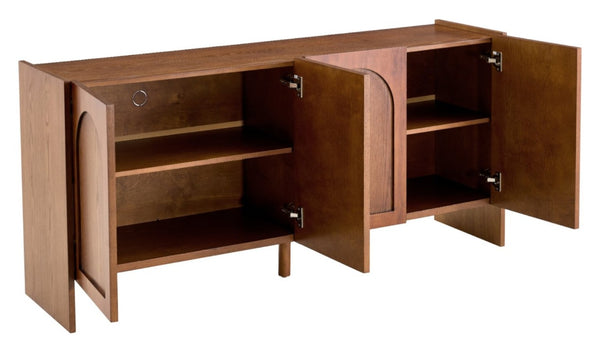 English Elm Mid-Century Modern Credenza with Arched Wood Door Panels and Push Open Storage Light Brown W3137S00022