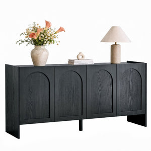 English Elm Mid-Century Modern Credenza with Arched Wood Door Panels and Push Open Storage Black W3137S00023