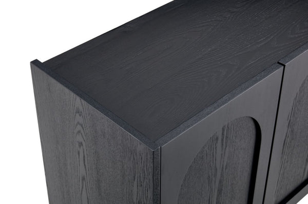 English Elm Mid-Century Modern Credenza with Arched Wood Door Panels and Push Open Storage Black W3137S00023