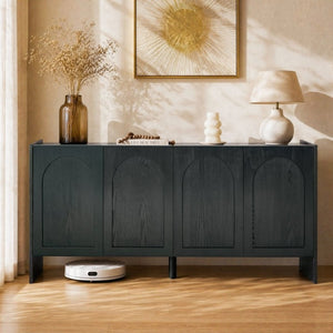 English Elm Mid-Century Modern Credenza with Arched Wood Door Panels and Push Open Storage Black W3137S00023