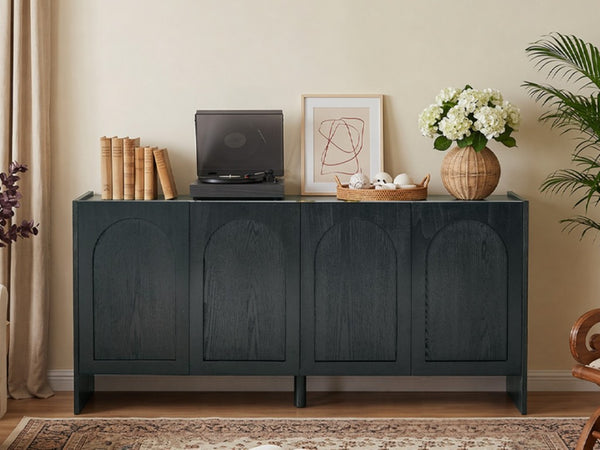 English Elm Mid-Century Modern Credenza with Arched Wood Door Panels and Push Open Storage Black W3137S00023