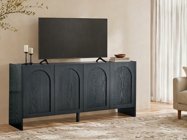 English Elm Mid-Century Modern Credenza with Arched Wood Door Panels and Push Open Storage Black W3137S00023