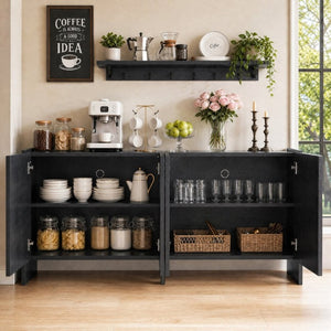 English Elm Mid-Century Modern Credenza with Arched Wood Door Panels and Push Open Storage Black W3137S00023