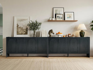 English Elm Mid-Century Modern Credenza with Arched Wood Door Panels and Push Open Storage Black W3137S00023