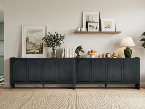 English Elm Mid-Century Modern Credenza with Arched Wood Door Panels and Push Open Storage Black W3137S00023