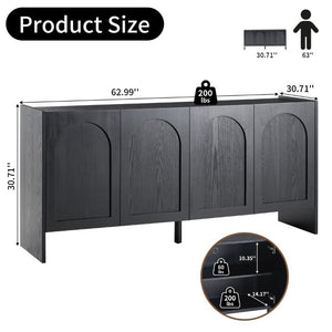 English Elm Mid-Century Modern Credenza with Arched Wood Door Panels and Push Open Storage Black W3137S00023