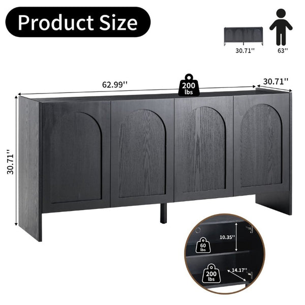 English Elm Mid-Century Modern Credenza with Arched Wood Door Panels and Push Open Storage Black W3137S00023