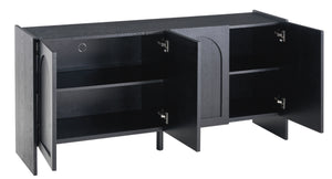 English Elm Mid-Century Modern Credenza with Arched Wood Door Panels and Push Open Storage Black W3137S00023