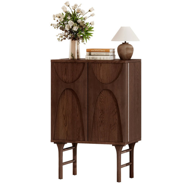 English Elm High-Leg Ash Veneer Wine Cabinet with Sculptural Doors and Adjustable Shelving W3137S00028