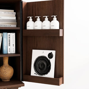 English Elm High-Leg Ash Veneer Wine Cabinet with Sculptural Doors and Adjustable Shelving W3137S00028