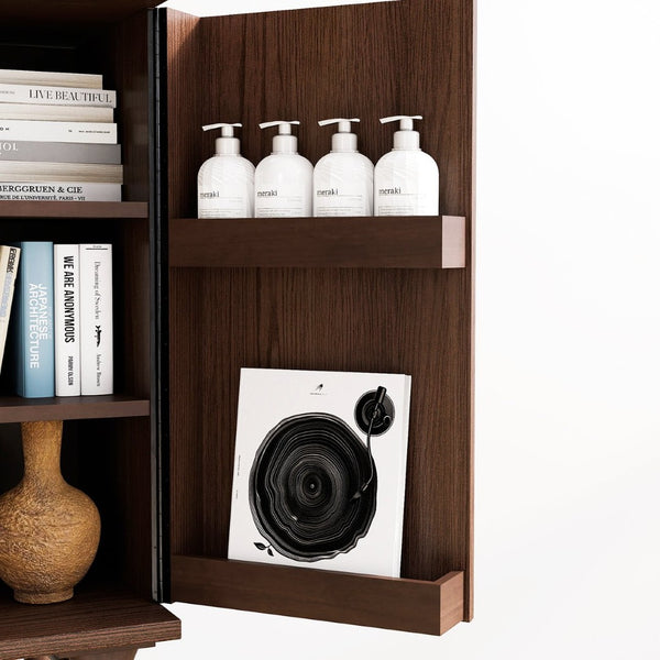 English Elm High-Leg Ash Veneer Wine Cabinet with Sculptural Doors and Adjustable Shelving W3137S00028