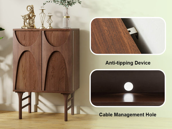English Elm High-Leg Ash Veneer Wine Cabinet with Sculptural Doors and Adjustable Shelving W3137S00028