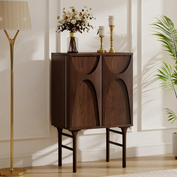 English Elm High-Leg Ash Veneer Wine Cabinet with Sculptural Doors and Adjustable Shelving W3137S00028