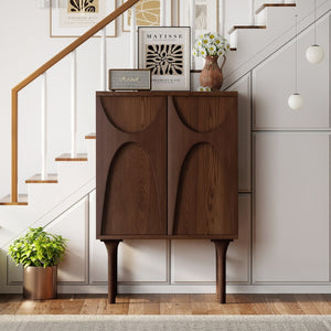 English Elm High-Leg Ash Veneer Wine Cabinet with Sculptural Doors and Adjustable Shelving W3137S00028