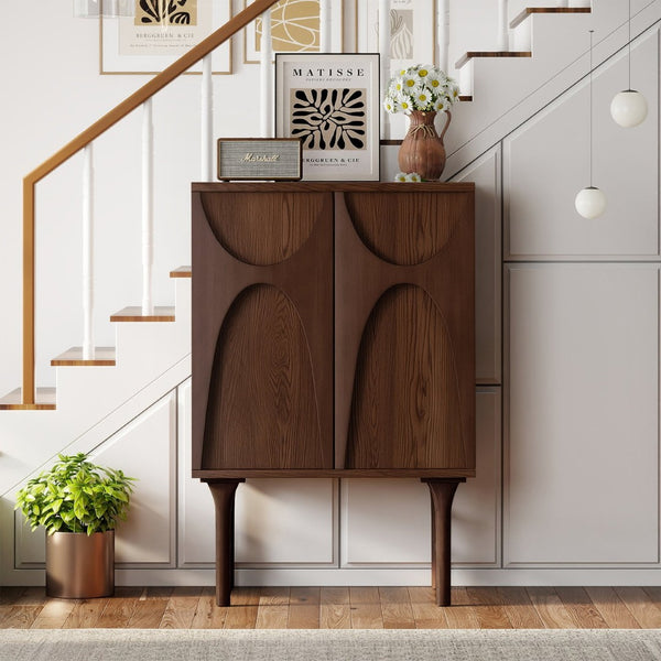 English Elm High-Leg Ash Veneer Wine Cabinet with Sculptural Doors and Adjustable Shelving W3137S00028