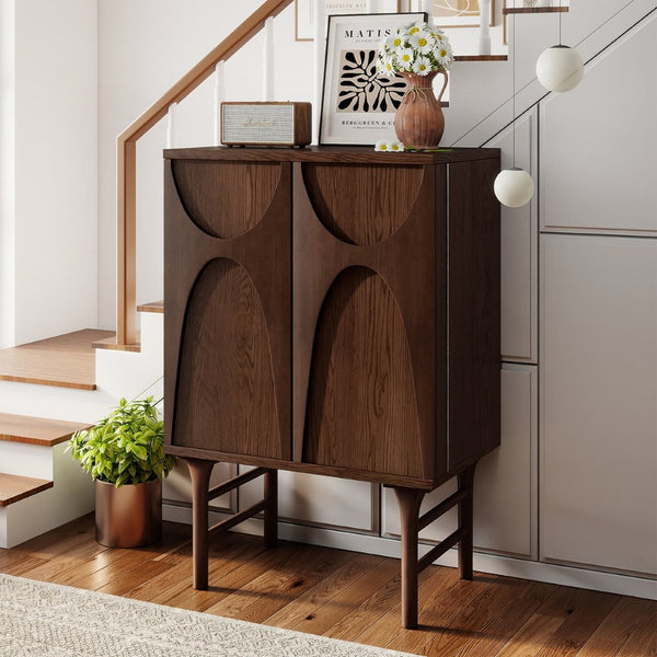 English Elm High-Leg Ash Veneer Wine Cabinet with Sculptural Doors and Adjustable Shelving W3137S00028