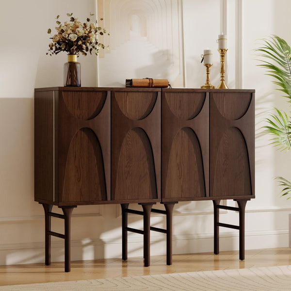 English Elm High-Leg Ash Veneer Wine Cabinet with Sculptural Doors and Adjustable Shelving W3137S00028