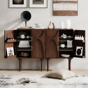 English Elm High-Leg Ash Veneer Wine Cabinet with Sculptural Doors and Adjustable Shelving W3137S00028