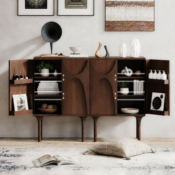 English Elm High-Leg Ash Veneer Wine Cabinet with Sculptural Doors and Adjustable Shelving W3137S00028