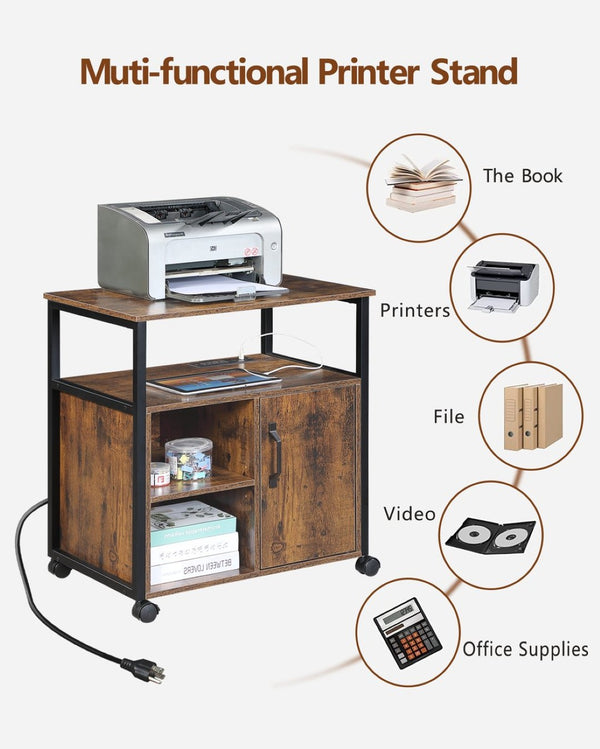 English Elm File Cabinet Printer Stand with Usb Charging Port Rustic Brown Metal Home Office W3151P345670