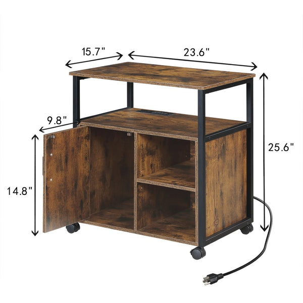 English Elm File Cabinet Printer Stand with Usb Charging Port Rustic Brown Metal Home Office W3151P345670