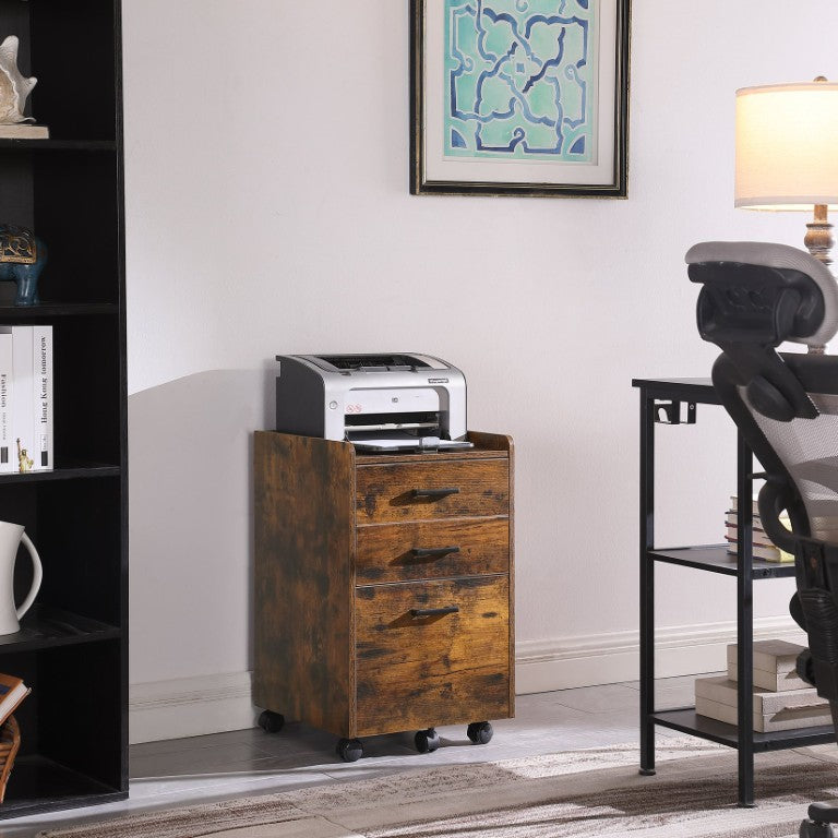 English Elm File Cabinet Rolling Mobile Unit with Fabric Drawers Rustic Brown Industrial Home Office W3151P345673