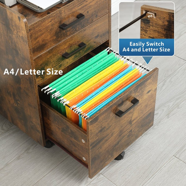 English Elm File Cabinet Rolling Mobile Unit with Fabric Drawers Rustic Brown Industrial Home Office W3151P345673