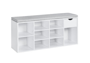 English Elm Shoe Storage Bench with Cushioned Seat Drawer and Open Shelving for Entryway W3151P345969