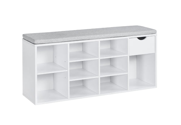 English Elm Shoe Storage Bench with Cushioned Seat Drawer and Open Shelving for Entryway W3151P345969