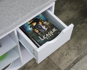 English Elm Shoe Storage Bench with Cushioned Seat Drawer and Open Shelving for Entryway W3151P345969