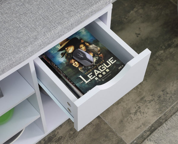 English Elm Shoe Storage Bench with Cushioned Seat Drawer and Open Shelving for Entryway W3151P345969