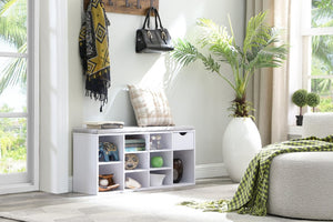 English Elm Shoe Storage Bench with Cushioned Seat Drawer and Open Shelving for Entryway W3151P345969