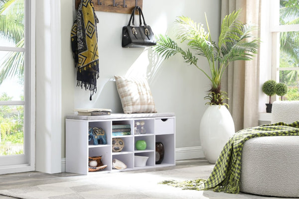 English Elm Shoe Storage Bench with Cushioned Seat Drawer and Open Shelving for Entryway W3151P345969