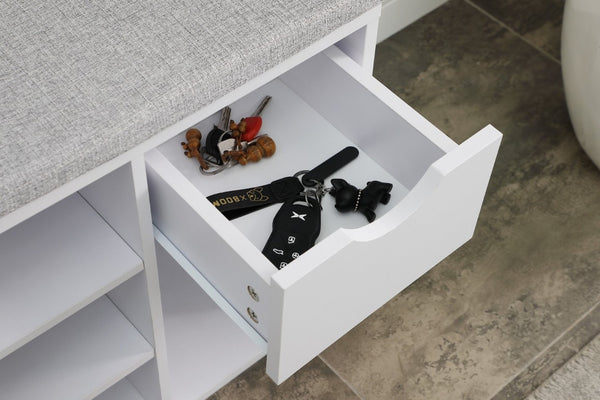 English Elm Shoe Storage Bench with Cushioned Seat Drawer and Open Shelving for Entryway W3151P345969