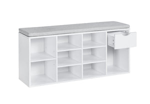 English Elm Shoe Storage Bench with Cushioned Seat Drawer and Open Shelving for Entryway W3151P345969